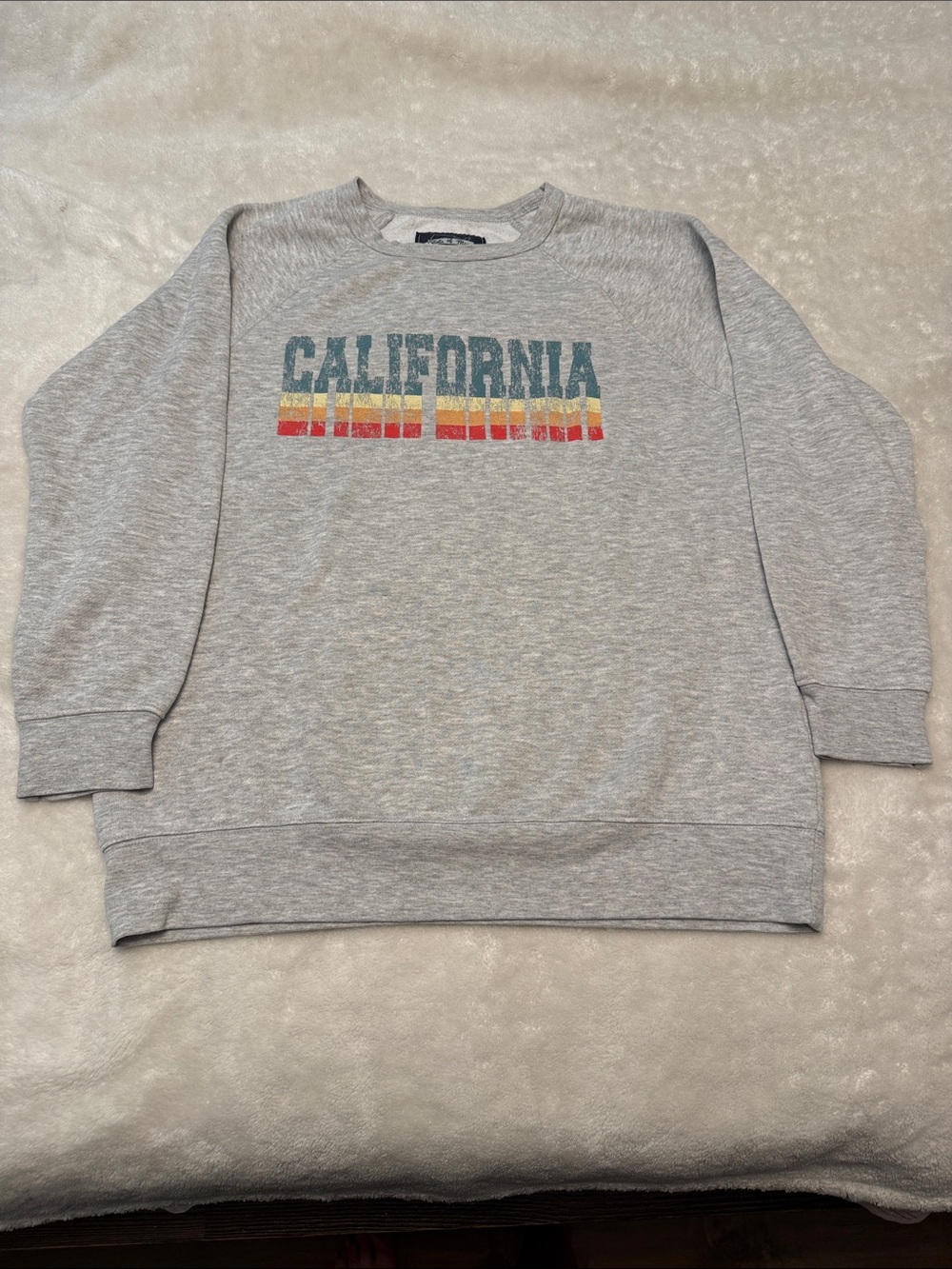 State of Mind Gray California Graphic Crewneck Sweater with Multicolor Stripes